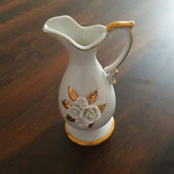 Enesco Other - White Porcelain Miniature Pitcher Vase Gold Trim 5 Inch